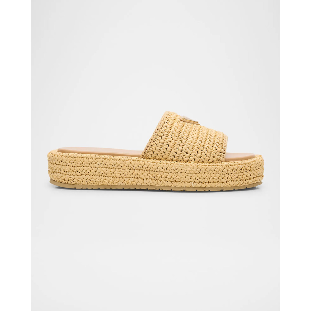 Prada Crochet Raffia Platform Slide Natural Beige Logo Mule Wedge Sandal 40 - Picture 3 of 16